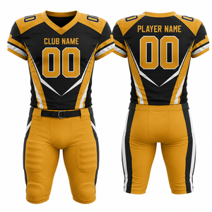 Conjunto de Uniforme de Fútbol Americano Sublimado con Estampado Personalizado, Cuello en V, Manga Corta, Ajustado, Cierre de Cinturón Delantero, Dorado y Negro para Hombre - Product Image 1