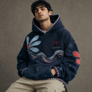 Comfortable Cotton <b>Pullover</b> Sweatshirt Clothing Vintage Washed Design Detailed Embroidery <b>Men</b> Distressed Embroidery Hoodies - Product Image 1