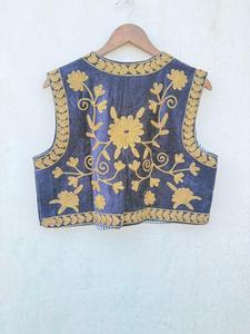 Luxury Velvet Suzani Embroidered Floral Short Lightweight Cotton Casual Vest <b>Coat</b> Handmade Ethnic Boho Waistcoat Designer Vest - Product Image 5