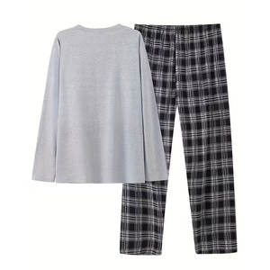 Conjunto Casual de Estilo Sencillo para Hombre de Talla Grande, con una Camiseta de Manga Larga de Cuello Redondo en Color Sólido y Pantalones Holgados a Cuadros - Product Image 2