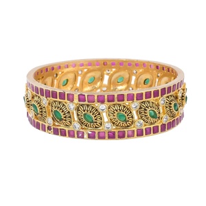22K Yellow Oxidised Gold Plated CZ Bangle <b>Red</b> Green White Wedding Channel Setting Indian Bridal Kada Bollywood Jewelry - Product Image 2