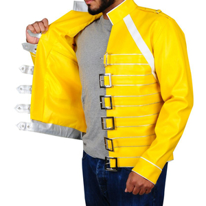 Chaqueta de Cuero PU Amarilla para Hombre, Estilo Urbano, con Cuello Alto y Epaulettes, Transpirable, Ecológica y con Características Antibacterianas - Product Image 3