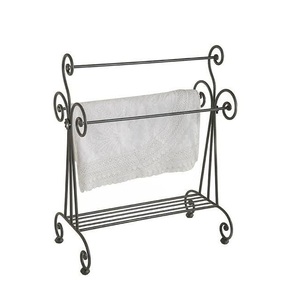 Porte-serviettes double barre en métal argenté classique, support autoportant, organisateur de salle de bain, structure robuste au design vintage - Product Image 2