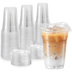100 Set di Bicchieri Monouso in Plastica Trasparente con Coperchi in Cristallo e Funzione di Bevuta Senza Cannuccia - Product Image 2