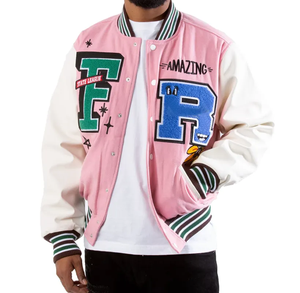 Veste universitaire personnalisée pour homme en laine et cuir chenille avec col montant et capuche rembourrée de duvet, design brodé style Letterman - Product Image 1