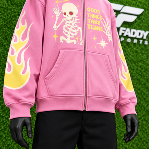 Custom Graphic Full Zip <b>Hoodie</b> Unisex Oversized Streetwear <b>Skeleton</b> Flame Print Cotton Sweatshirt Wholesale - Product Image 6