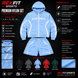 REXFIT SPORTS 2026 – Ensemble de survêtement unisexe personnalisé bleu ciel en nylon, veste coupe-vent à capuche et short, vêtements de sport à marque privée - Product Image 1
