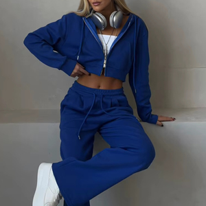 Custom <b>Women's</b> Cropped <b>Hoodie</b> Tracksuit <b>Zip</b> <b>Up</b> Sweatshirt Elastic Waist Pants Casual Loungewear Set - Product Image 5