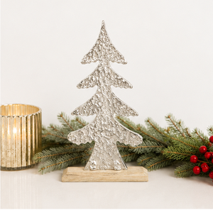 Textured Silver Aluminum Christmas <b>Tree</b> Sculpture on Natural Wood Base Modern <b>Tabletop</b> Xmas Decoration For Festive Home & Office - Product Image 6