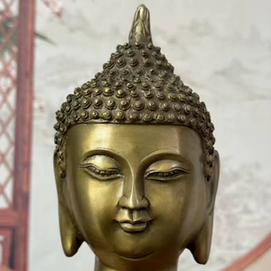 Statue de tête de Bouddha en laiton antique, artisanat métallique moderne fait main, thème culturel, décoration artistique durable pour la maison, présentation sur table - Product Image 1