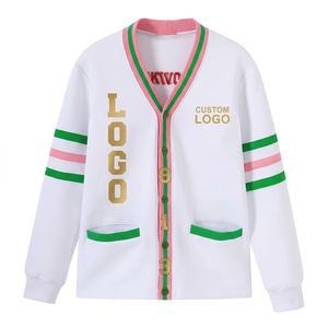 White Green Contrast colors Cotton Fleece <b>cardigan</b> <b>Women</b> <b>Long</b> Sleeve V-Neck Open Stitch Anti-Wrinkle Button Front Custom logos - Product Image 1