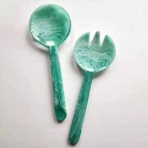 Juego de cuchara y tenedor para ensalada de resina, mango largo con efecto espejo, ecológico, apto para lavavajillas, utensilios para servir en fiestas, hechos a mano, duraderos, para alimentos - Product Image 6