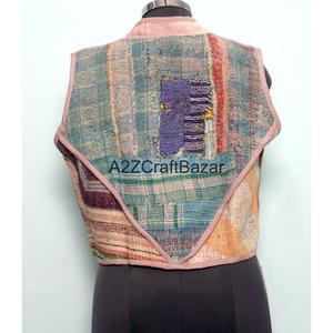 Chaleco Kantha Hecho a Mano 100% Algodón Puro para Mujer, Estampado Floral, Sin Tejido, para Primavera/Otoño, con Mangas Cortas - Product Image 5