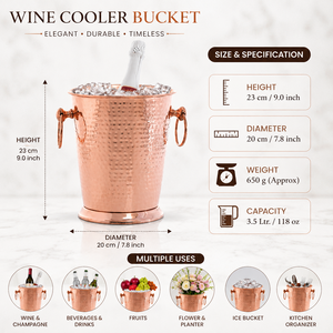 Cubo enfriador de vino de cobre martillado con asas para champán, vino, cerveza y botellas |   Enfriador de Bebidas Premium para Bar - Product Image 5