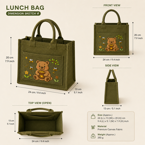<b>Cute</b> Cartoon <b>Bear</b> Jute Lunch Bag With Top Handle 24x13x20cm Green Daily Use Tote - Product Image 2