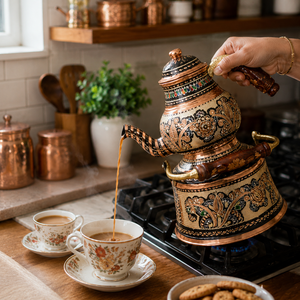 Handmade Copper <b>Tea</b> Pot <b>Set</b> Oriental Enamel Painted With Wooden Handle Durable <b>Tea</b> Maker For Hotel Restaurant Use - Product Image 4