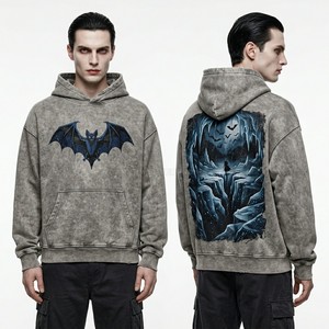 Sweat-shirt à capuche vintage noir délavé style gothique avec inscription 'Night' imprimée au dos pour homme, streetwear, personnalisable avec logo de marque - Product Image 6