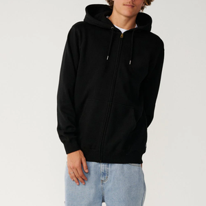 Sudadera con capucha y cremallera de algodón pesado negra lisa para hombre, con logotipo personalizado, al por mayor, OEM, sin estampado - Product Image 5