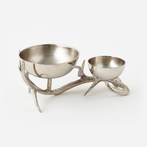 Handcrafted Silver Aluminum Two Serving Cluster Bowl With <b>Decorative</b> <b>Twig</b> Antler Stand For Elegant Dining And Home Decoration - Product Image 3