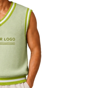 <b>Mens</b> Mint Green With Lime Green And <b>White</b> Contrast Stripe Summer Knit Sweater <b>Vest</b> V Neck Sleeveless Pullover Customized Logo - Product Image 5