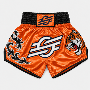 Shorts de MMA orange avec imprimé tigre, logo frontal imprimé par transfert thermique, unisexe, coupe athlétique pour adulte, séchage rapide, vêtements légers pour la boxe - Product Image 4