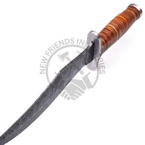 Nuevo cuchillo Bowie de Damasco, cuchillo de caza de hoja fija, cuchillo de supervivencia táctico para camping con funda de cuero y mango con protector de acero. - Product Image 3