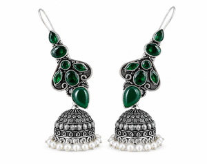 Wholesale Green Stone <b>Oxidized</b> Silver Jhumka Earrings for Women | Traditional Indian Ethnic Dangle Earrings | Handmade Jewelry - Product Image 1