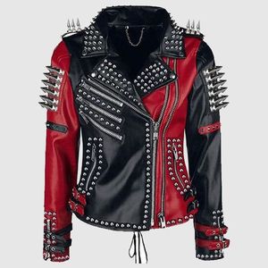 Punk Style Cowhide <b>Leather</b> Motorcycle <b>Jacket</b> <b>Men</b> Plus Size Studded Rivet Zipper Turn-down Collar Short Sleeve Autumn Fashion - Product Image 2