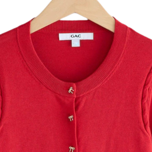 Cárdigan de punto de algodón suave con botones de lazo rojo y cuello redondo para mujer, suéter de manga larga con bolsillos, ropa al por mayor, top. - Product Image 4