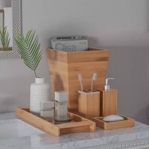Minimal Wooden Bathroom <b>Set</b> For Home Washroom Counter Including Soap Dish Tumbler <b>Toothbrush</b> <b>Holder</b> And Tray - Product Image 1
