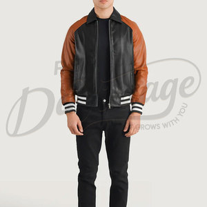 Blouson aviateur en cuir bicolore noir et marron pour homme avec col chemise classique et poignets côtelés rayés - Product Image 4