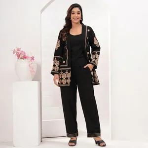 Ensemble 3 pièces en coton noir brodé pour femmes, manches longues, coupe ample, décontracté, à porter toute l'année - Product Image 3