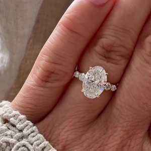 3 Ct Oval Lab Grown Diamond Engagement Ring 14K Gold IGI Certified Side Stone Accent <b>Cluster</b> Solitaire Jewelry Women Wholesale - Product Image 5