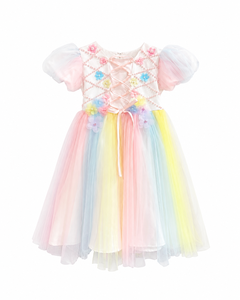 Robe en tulle princesse arc-en-ciel pastel pour filles avec embellissements floraux |   Robe de soirée chic - Product Image 1