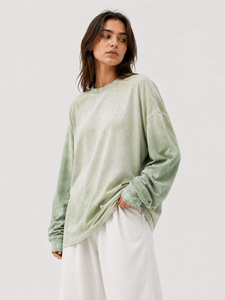 T-shirt ample vintage délavé pour femme, coupe oversize à épaules tombantes, col rond en coton épais, style streetwear - Product Image 1
