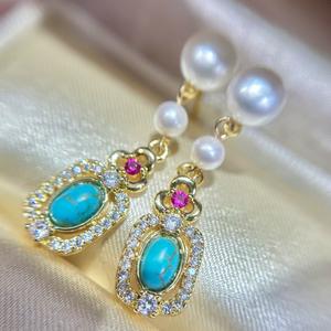 Boucles d'oreilles pendantes rétro en turquoise dégradé à double perle, bijoux en eau douce naturelle, tendance et élégante - Product Image 5