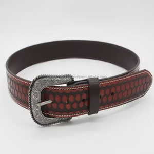 Ceinture en cuir occidental de qualité supérieure, nouvelle conception personnalisée, sculptée et peinte à la main, unisexe, avec boucle en laiton gravée de motifs floraux - Product Image 2