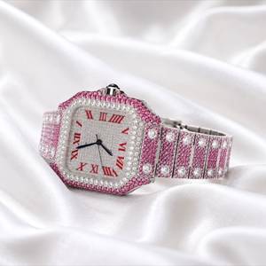 Montre mécanique en acier inoxydable avec cadran carré en cristal de saphir rose et diamants, bracelet à chiffres romains, pour un cadeau de luxe et de mode - Product Image 1