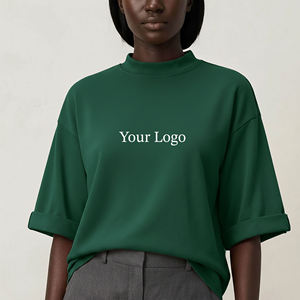 Nouveau t-shirt vert surdimensionné pour femme, col rond, coupe ample, manches courtes, couleur unie, tricoté, avec logo, pour toutes les saisons - Product Image 1