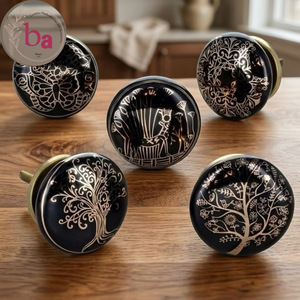 Ba <b>Ceramic</b> Cabinet <b>Knobs</b> Round Black with Gold Floral Tree Design Industrial Furniture Handles Adjustable Durable Kitchen Hotel - Product Image 4
