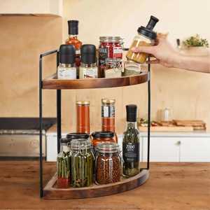2 Tier <b>Corner</b> Spice Rack Organizer for <b>Kitchen</b> Countertop Acacia Wood Rustic Small Shelf Metal Frame Standing <b>Storage</b> Bathroom - Product Image 1