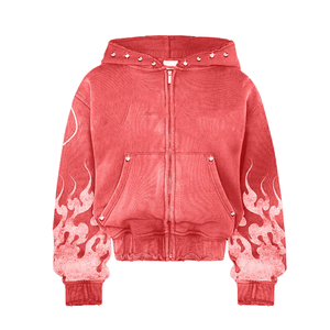 Sudadera con capucha y cremallera de pana naranja con estampado de llamas, corte oversize y estilo crop, chaqueta de streetwear hip hop para hombre - Product Image 5