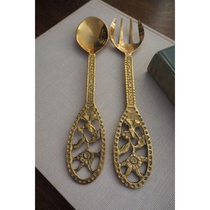 Golden Aluminum Customizable Salad Servers Set With Floral Design Metal Utensils For Serving Salads - Product Image 2