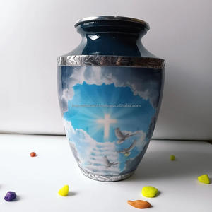 Urna de cremación de aluminio personalizada de la mejor calidad para cenizas humanas, urnas de cremación de recuerdo de Metal con acabado de esmalte azul al por mayor - Product Image 1