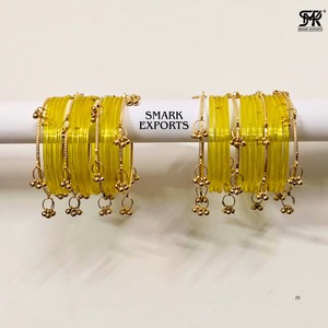 Golden Yellow 32-Piece 2mm Gold Plated Kashmiri Jelly <b>Bangles</b> Set Ghungru Both Hands Traditional <b>Indian</b> Chudi Women's Certified - Product Image 1