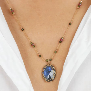 สร้อยคอจี้โลหะผสมแพลตตินั่มชุบสีน้ำเงินประดับคริสตัลบำบัดทรงเหลี่ยมสไตล์โบโฮพร้อมลูกปัดทำมือ - Product Image 1