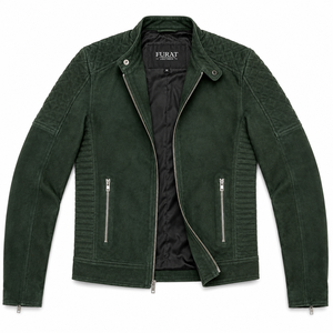 OEM Winter Quilted Green <b>Suede</b> Biker <b>Jacket</b> <b>Men's</b> Casual Stand Collar Zipper Closure Windproof Breathable Eco-Friendly Custom - Product Image 1