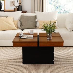 Modern 4-Section Storage Okume Wood Veneer Coffee <b>Table</b> Square Floating Design with <b>Walnut</b> and Black Finish - Product Image 3