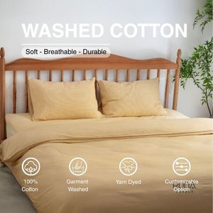 High-Quality 100% <b>Washed</b> Cotton Yellow Pinstripes Bedding <b>Set</b> 4 Pieces Moisture-Absorbent Breathable For All-Season - Product Image 1