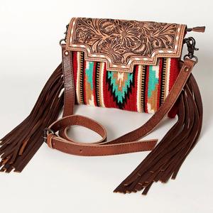 Sac bandoulière en cuir imperméable style bohème, imprimé aztèque, orné de perles, franges à pompons, sangle réglable, pochette pour femme - Product Image 1